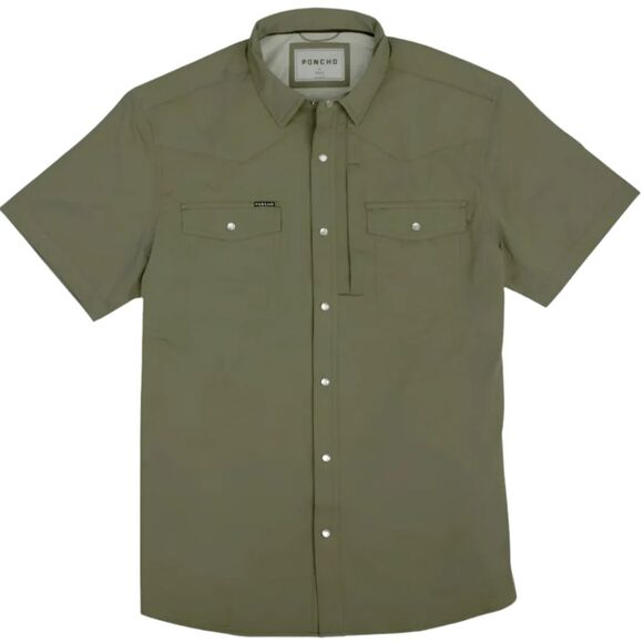 Poncho Mens Short Sleeve The Sabine Button Down Western Shirt Olive Green Medium - Picture 1 of 12